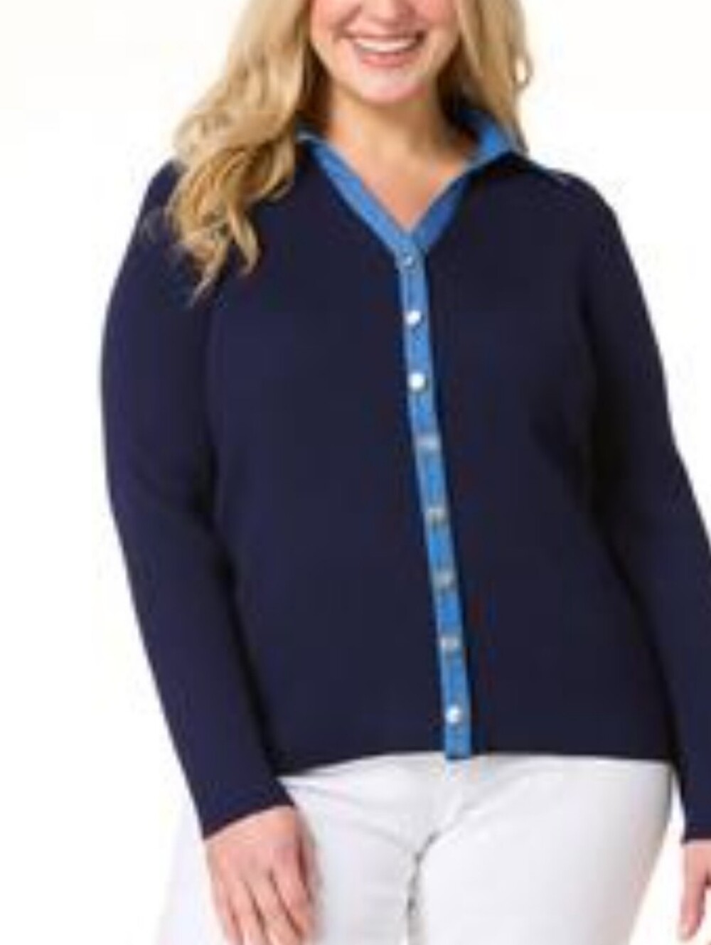 Cato Navy Sweater with Light Blue Denim Contrast Placket